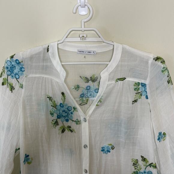 Fig & Flower White Sheer Gauze Button Up Blouse Floral Embroidery Boho Sz PL - Picture 3 of 8
